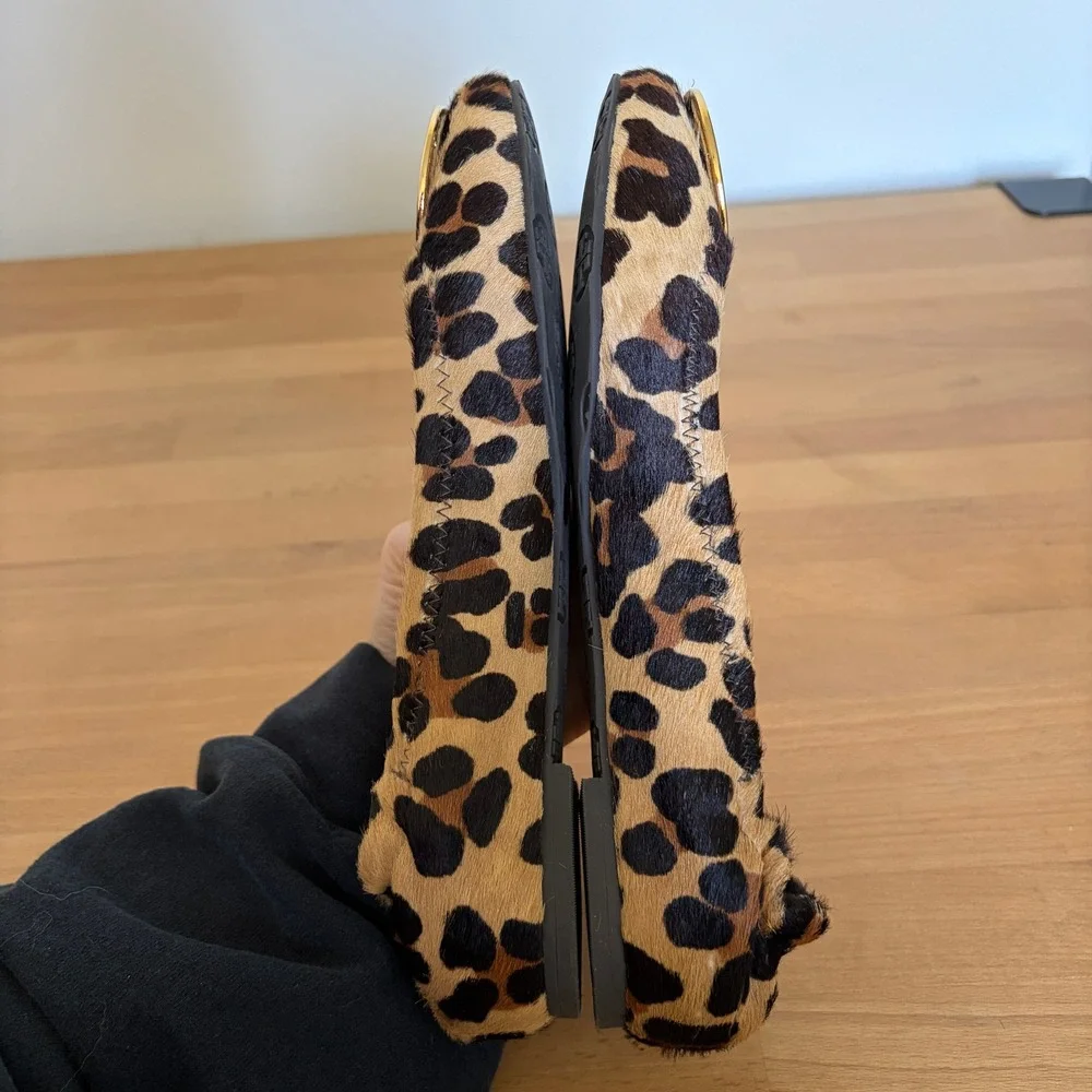 Tory Burch Reva Leopard Print Calf Hair Ballet Flats Gold Logo Brown Tan 8.5
